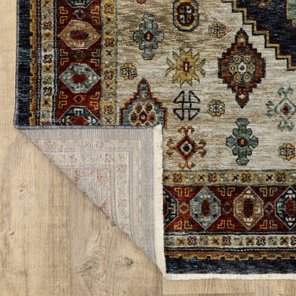 7' X 10' Blue Beige And Orange Oriental Area Rug With Fringe