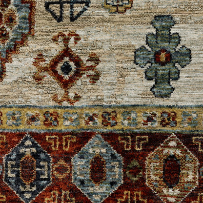 7' X 10' Blue Beige And Orange Oriental Area Rug With Fringe
