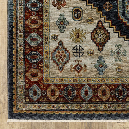 7' X 10' Blue Beige And Orange Oriental Area Rug With Fringe