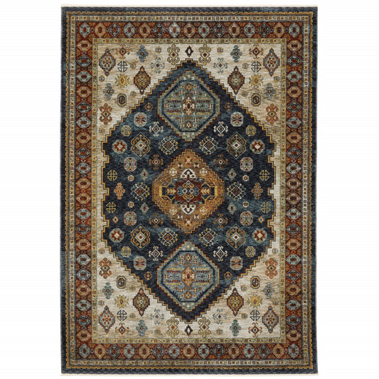 10' X 13' Blue Red Beige Orange Gold And Tan Oriental Power Loom Stain Resistant Area Rug With Fringe