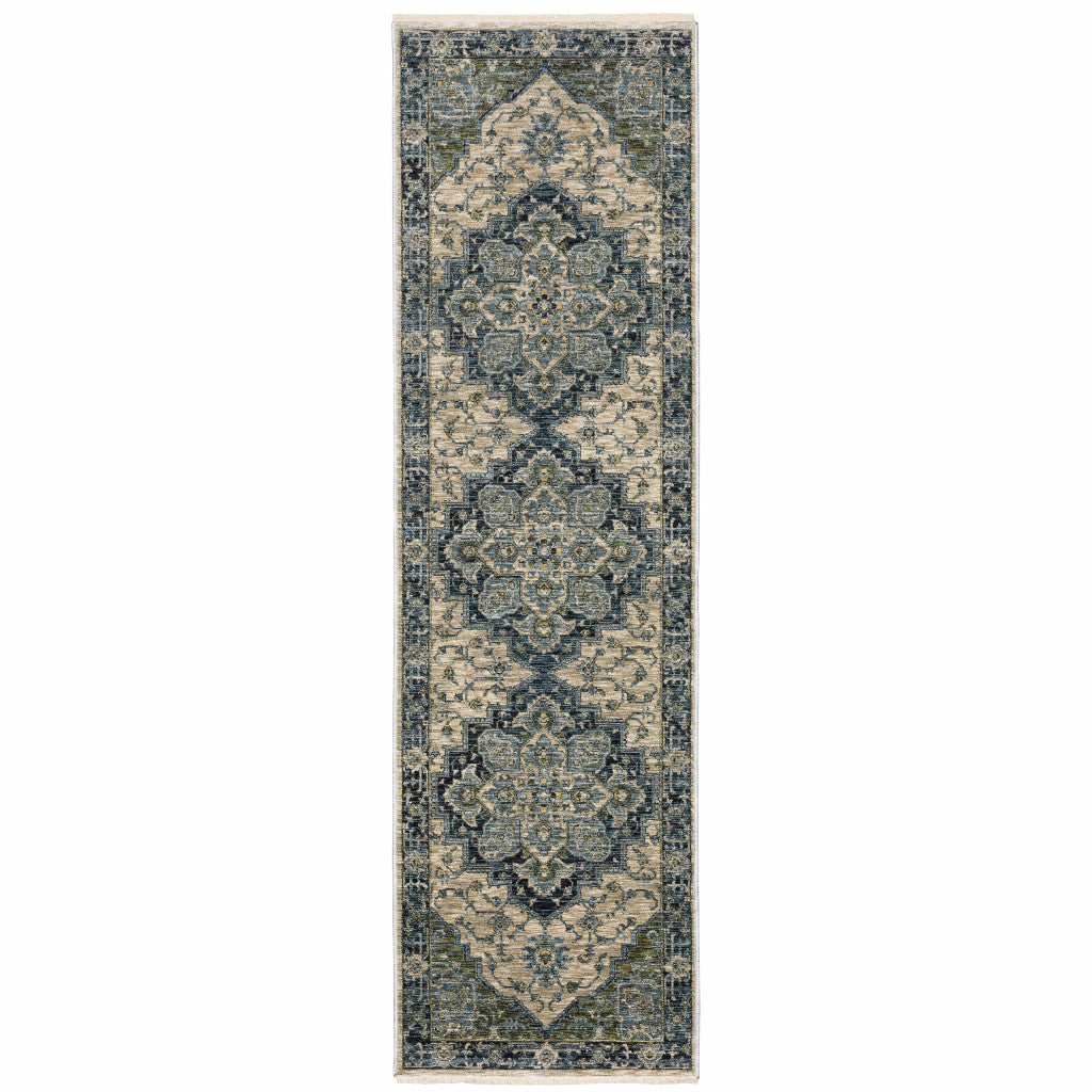 2' X 8' Blue And Beige Oriental Power Loom Runner Rug With Fringe