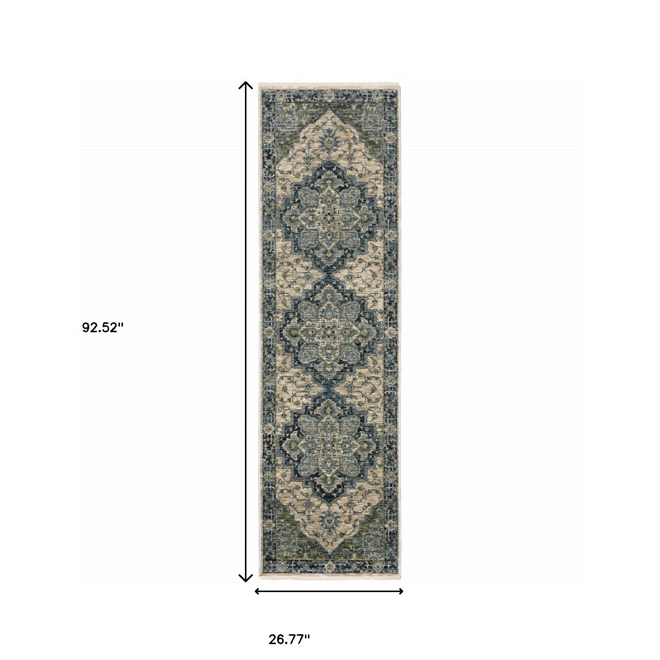 2' X 8' Blue And Beige Oriental Power Loom Runner Rug With Fringe