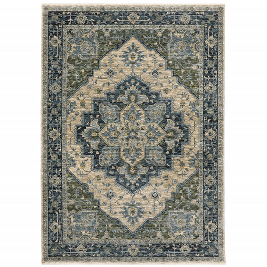 3' X 5' Blue Grey Beige Tan Green And Gold Oriental Power Loom Stain Resistant Area Rug With Fringe