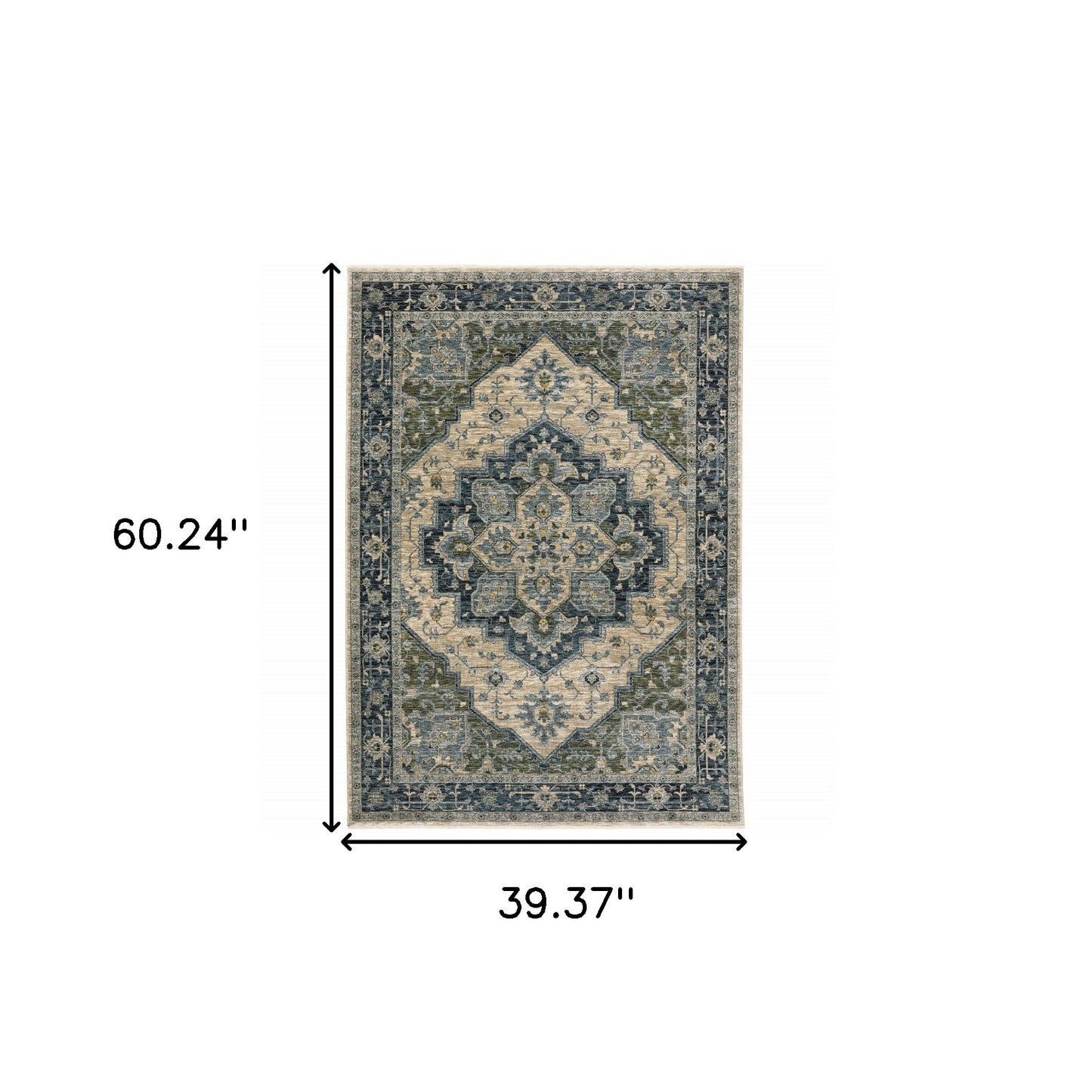 3' X 5' Blue Grey Beige Tan Green And Gold Oriental Power Loom Stain Resistant Area Rug With Fringe