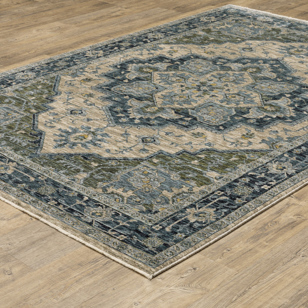 3' X 5' Blue Grey Beige Tan Green And Gold Oriental Power Loom Stain Resistant Area Rug With Fringe