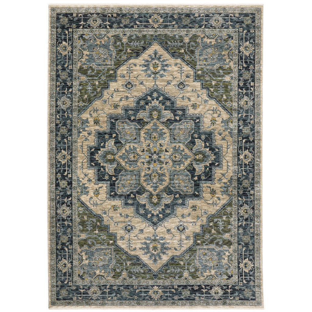 5' X 8' Blue Grey Beige Tan Green And Gold Oriental Power Loom Stain Resistant Area Rug With Fringe