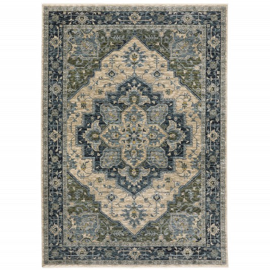 5' X 8' Blue Grey Beige Tan Green And Gold Oriental Power Loom Stain Resistant Area Rug With Fringe