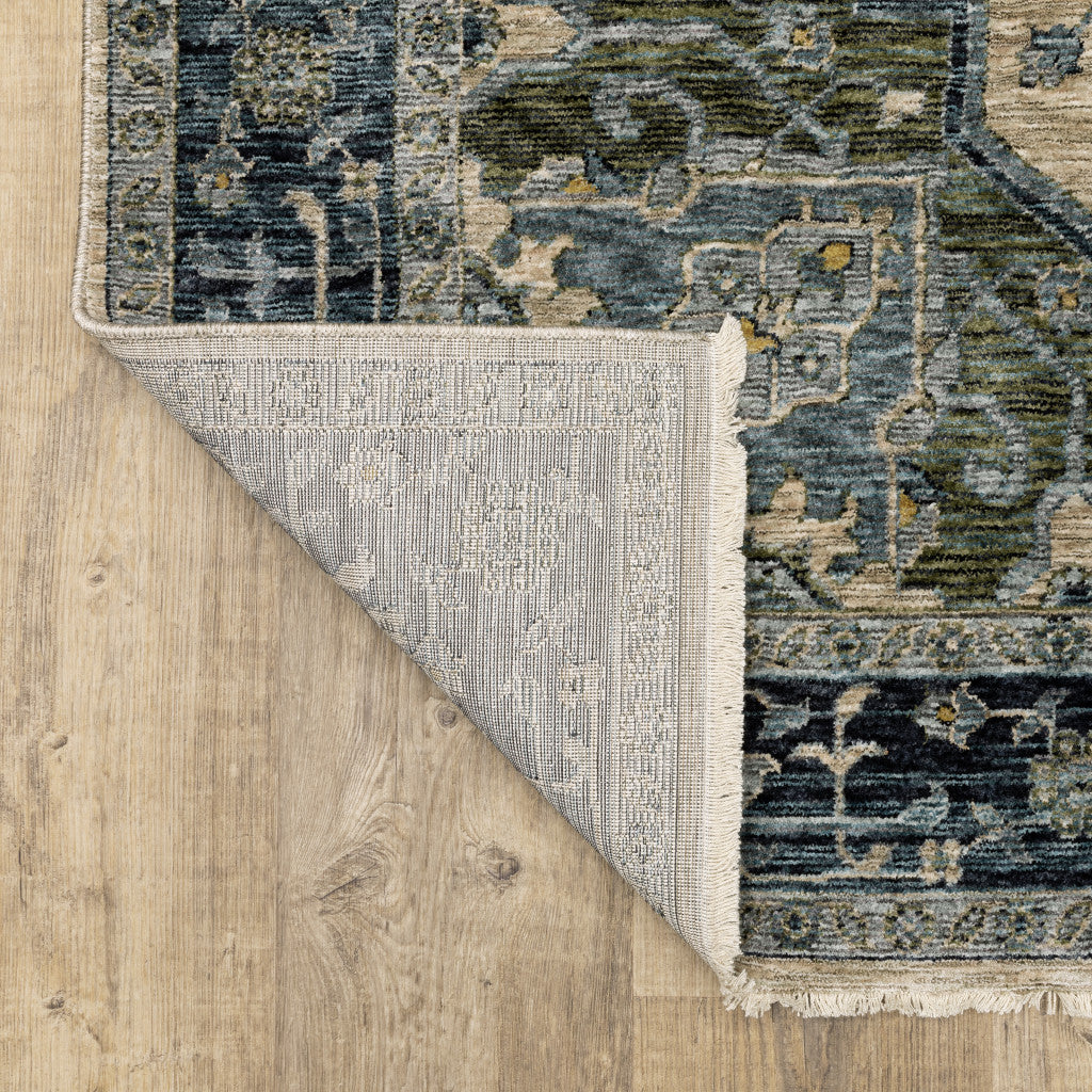 5' X 8' Blue Grey Beige Tan Green And Gold Oriental Power Loom Stain Resistant Area Rug With Fringe