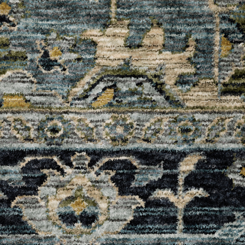 5' X 8' Blue Grey Beige Tan Green And Gold Oriental Power Loom Stain Resistant Area Rug With Fringe