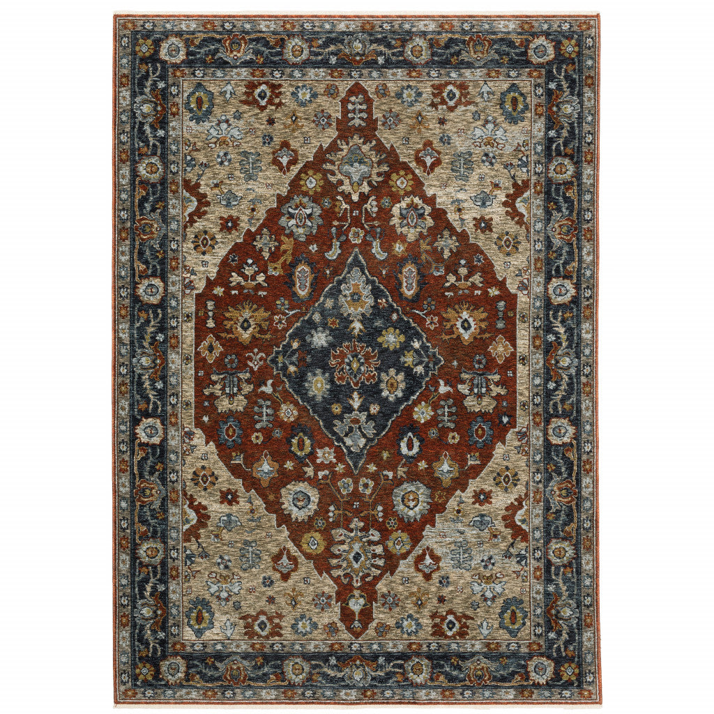 2' X 3' Blue Beige Tan Brown Gold And Rust Red Oriental Power Loom Stain Resistant Area Rug With Fringe