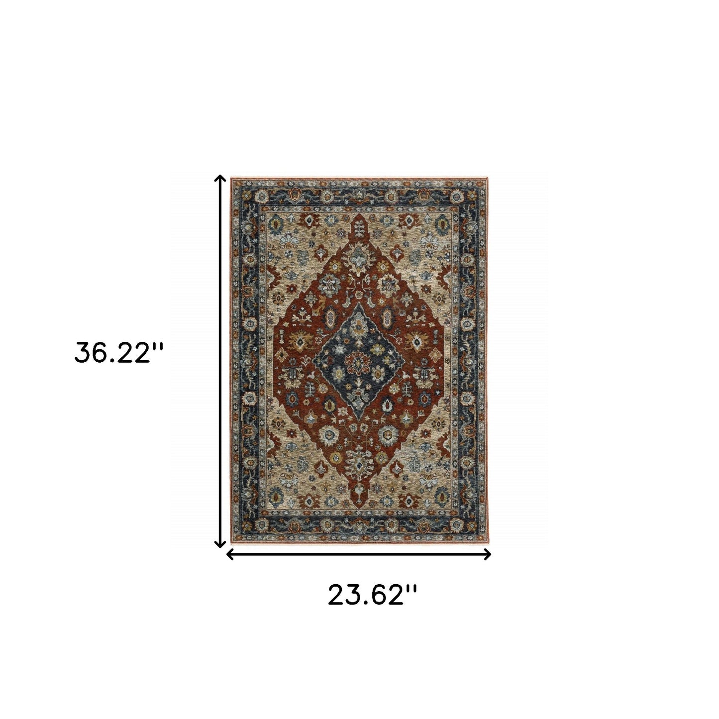 2' X 3' Blue Beige Tan Brown Gold And Rust Red Oriental Power Loom Stain Resistant Area Rug With Fringe