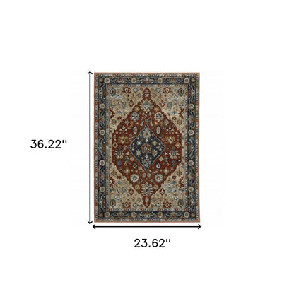 2' X 3' Blue Beige Tan Brown Gold And Rust Red Oriental Power Loom Stain Resistant Area Rug With Fringe