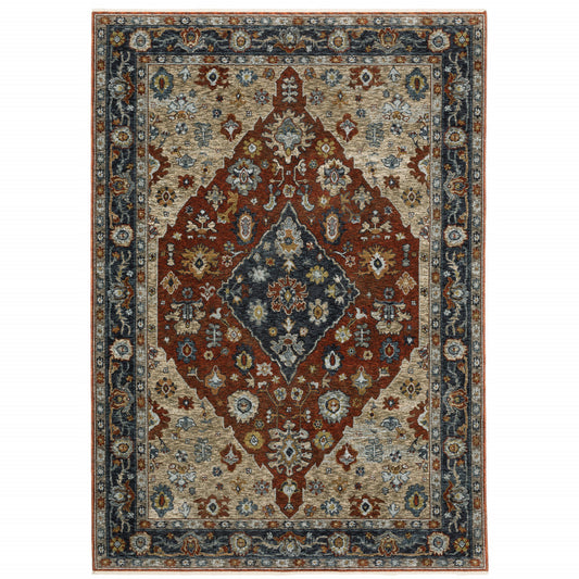 2' X 3' Blue Beige Tan Brown Gold And Rust Red Oriental Power Loom Stain Resistant Area Rug With Fringe