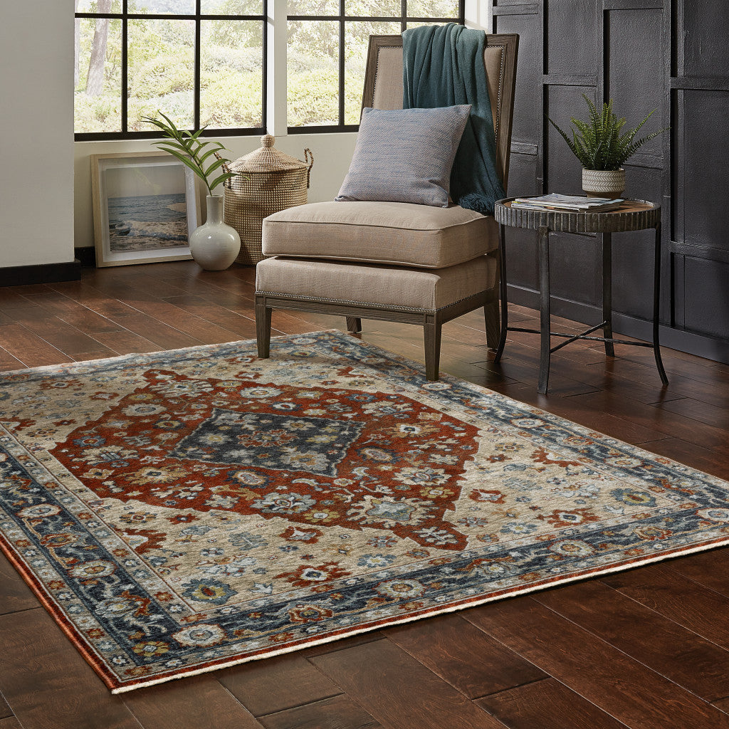 2' X 3' Blue Beige Tan Brown Gold And Rust Red Oriental Power Loom Stain Resistant Area Rug With Fringe