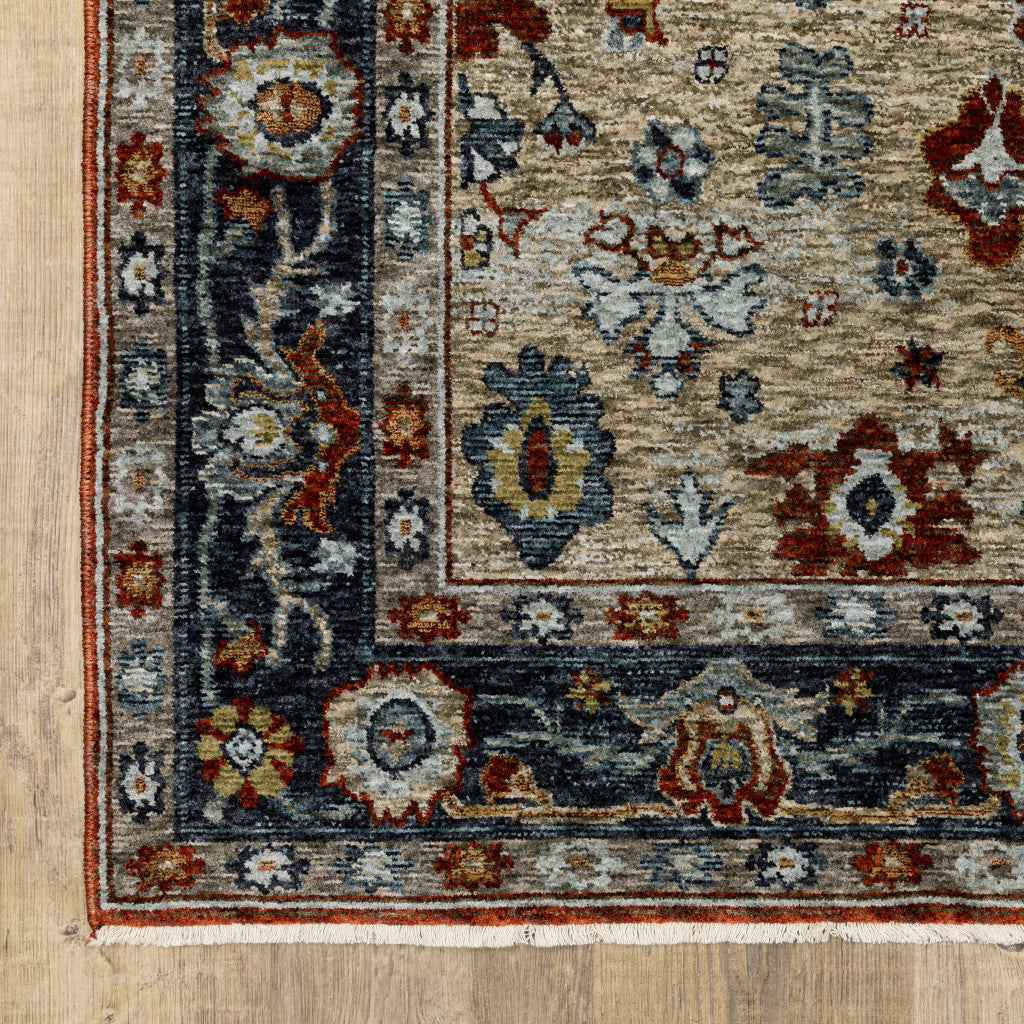 2' X 3' Blue Beige Tan Brown Gold And Rust Red Oriental Power Loom Stain Resistant Area Rug With Fringe