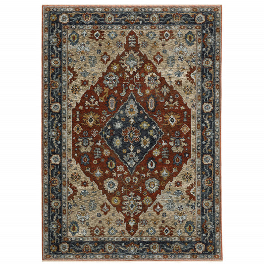 3' X 5' Blue Beige Tan Brown Gold And Rust Red Oriental Power Loom Stain Resistant Area Rug With Fringe
