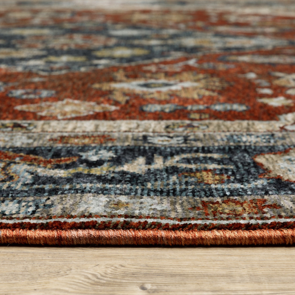 5' X 8' Blue Beige Tan Brown Gold And Rust Red Oriental Power Loom Stain Resistant Area Rug With Fringe