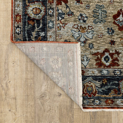 5' X 8' Blue Beige Tan Brown Gold And Rust Red Oriental Power Loom Stain Resistant Area Rug With Fringe