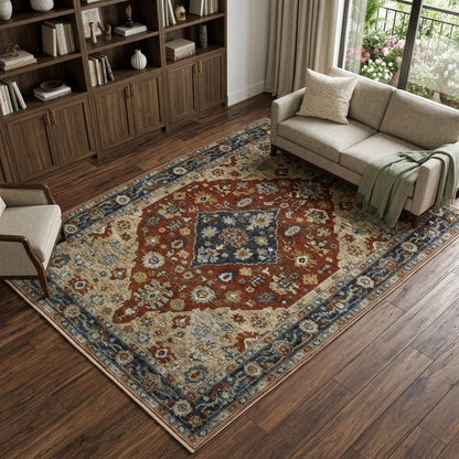 7' X 10' Red And Blue Oriental Area Rug With Fringe