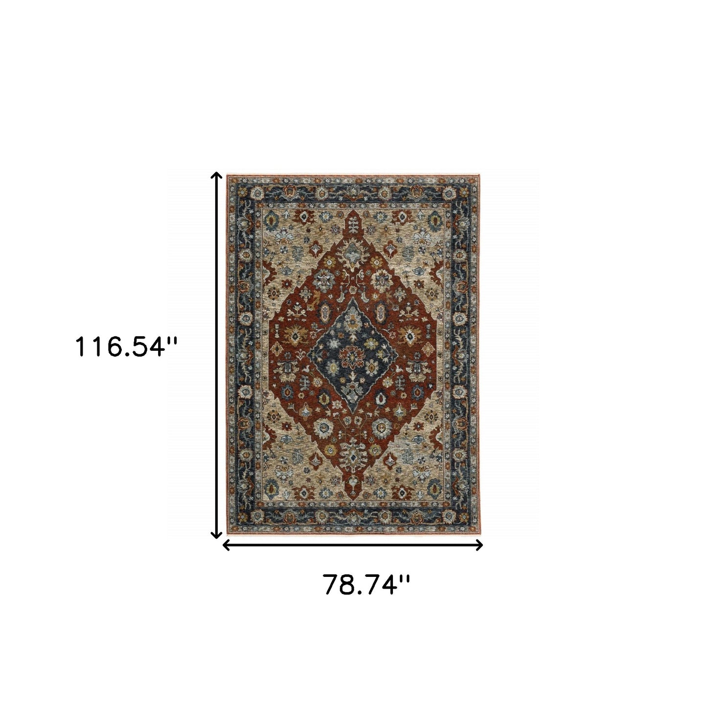 7' X 10' Blue and Beige Oriental Power Loom Area Rug With Fringe