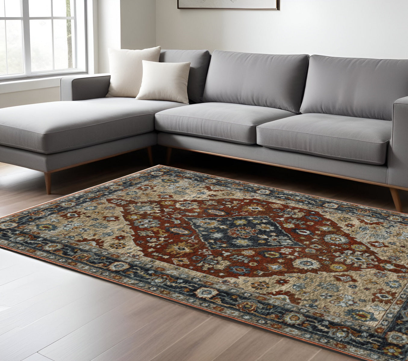 7' X 10' Blue and Beige Oriental Power Loom Area Rug With Fringe