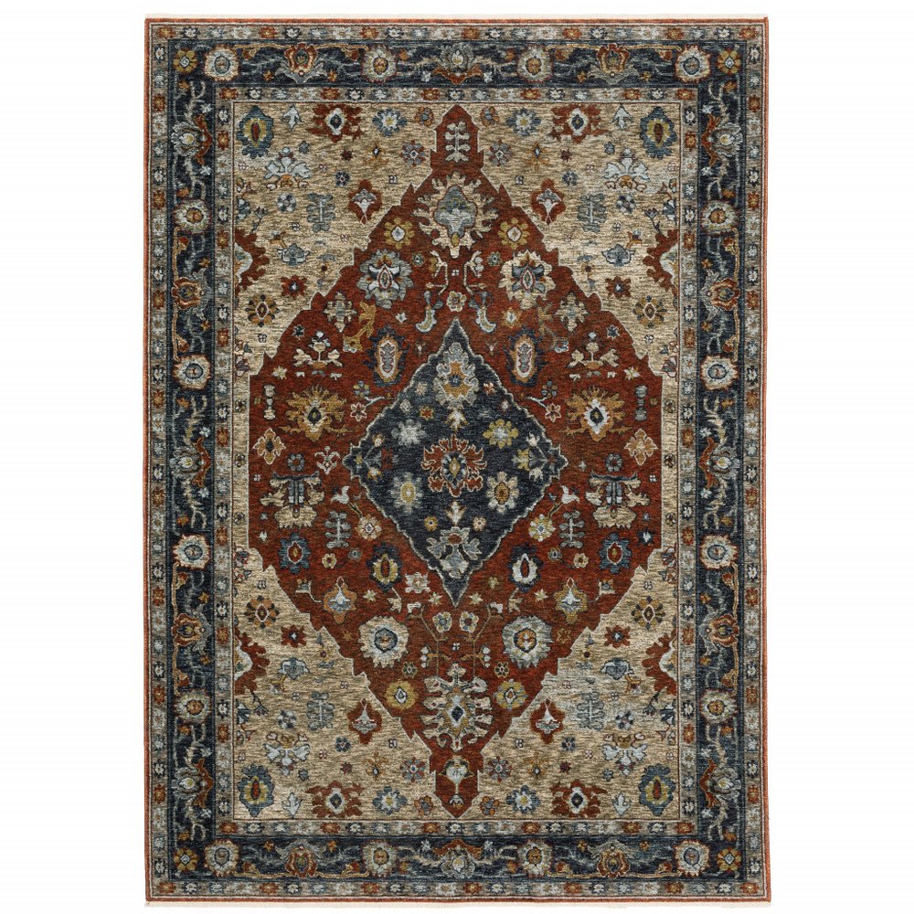 7' X 10' Red And Blue Oriental Area Rug With Fringe