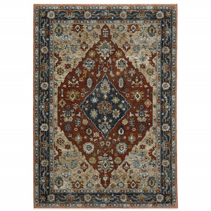 7' X 10' Red And Blue Oriental Area Rug With Fringe