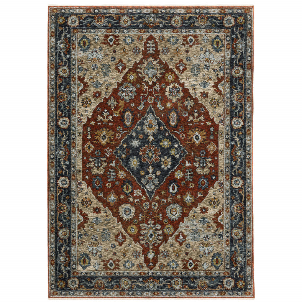 6' X 9' Blue Beige Tan Brown Gold And Rust Red Oriental Power Loom Stain Resistant Area Rug With Fringe
