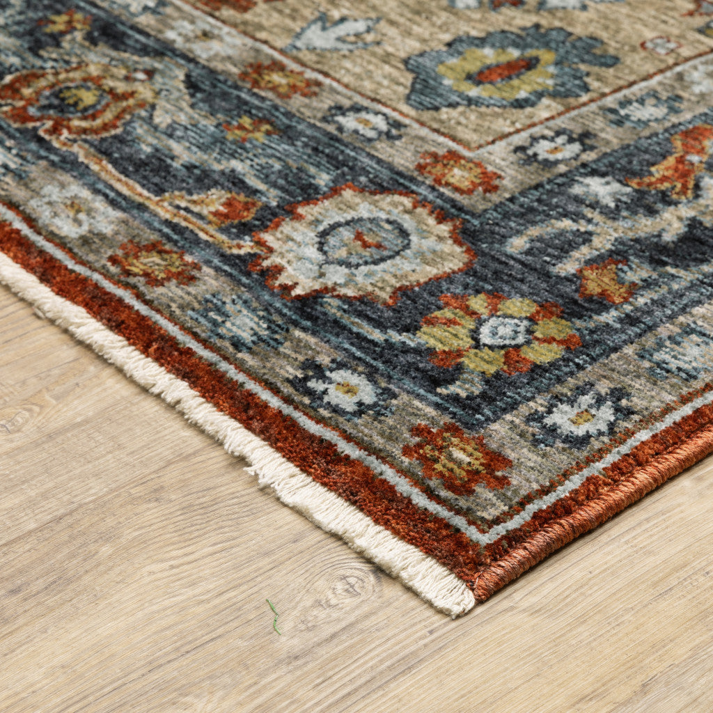 7' X 10' Blue and Beige Oriental Power Loom Area Rug With Fringe