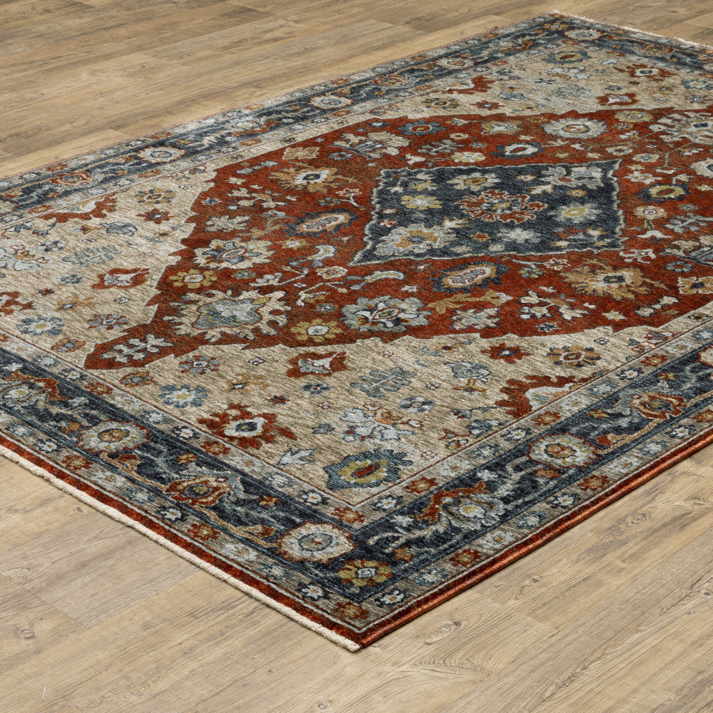 6' X 9' Blue Beige Tan Brown Gold And Rust Red Oriental Power Loom Stain Resistant Area Rug With Fringe