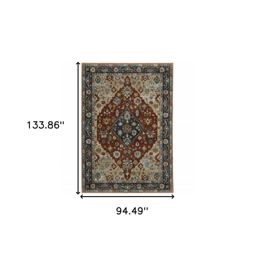 8' X 11' Red And Blue Oriental Area Rug With Fringe