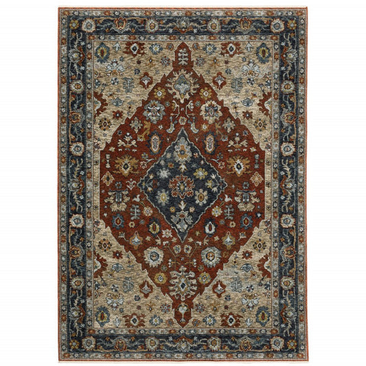 8' X 11' Red And Blue Oriental Area Rug With Fringe