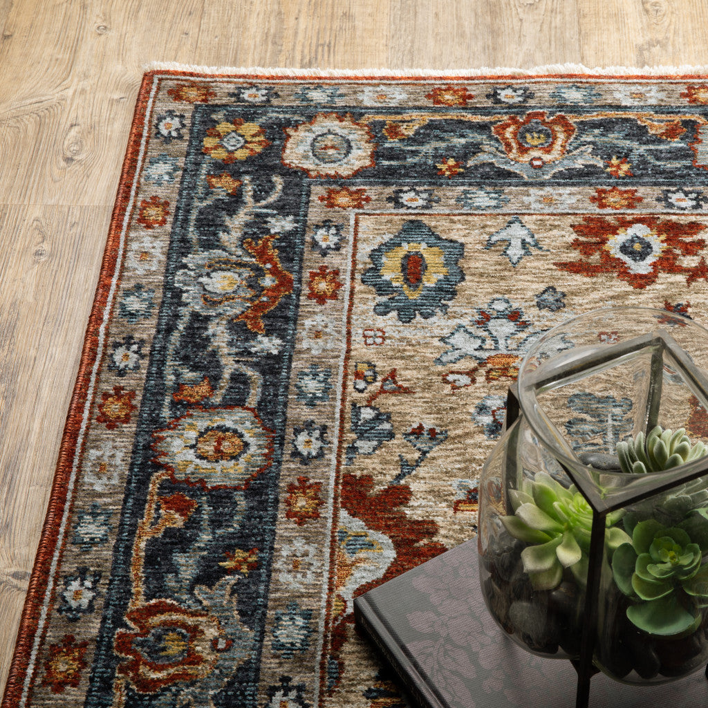 10' X 13' Blue Beige Tan Brown Gold And Rust Red Oriental Power Loom Stain Resistant Area Rug With Fringe