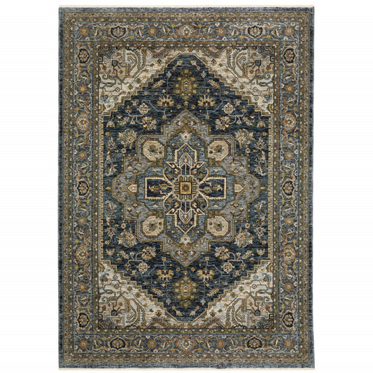 2' X 3' Blue Taupe Grey Green Rust Tan Beige And Gold Oriental Power Loom Stain Resistant Area Rug With Fringe