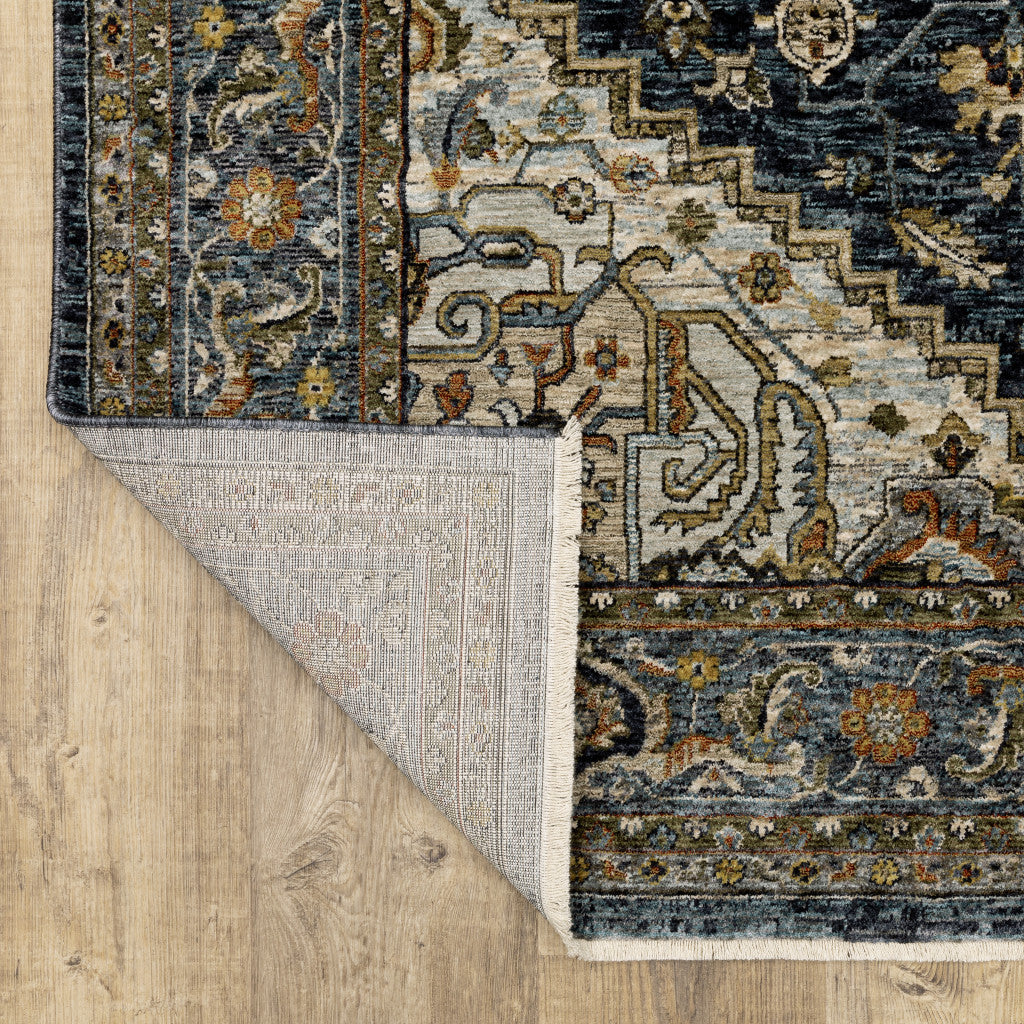 2' X 3' Blue Taupe Grey Green Rust Tan Beige And Gold Oriental Power Loom Stain Resistant Area Rug With Fringe