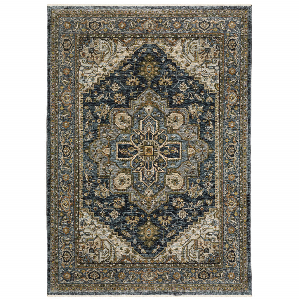 5' X 8' Blue And Green Oriental Power Loom Area Rug With Fringe