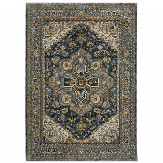5' X 8' Blue And Green Oriental Power Loom Area Rug With Fringe