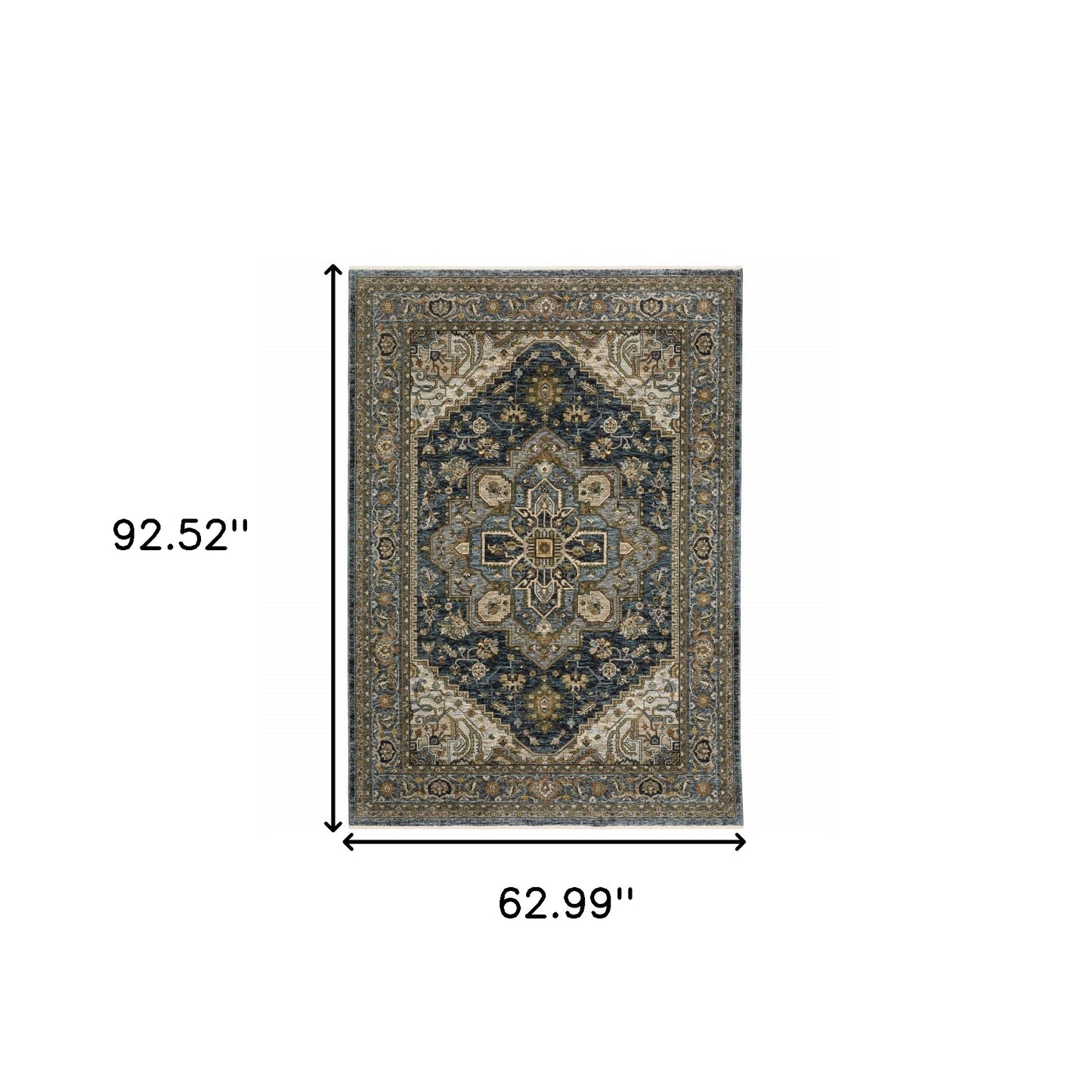 5' X 8' Blue And Green Oriental Power Loom Area Rug With Fringe