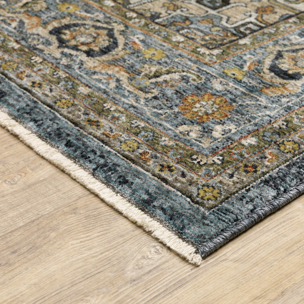 8' X 11' Blue Taupe Grey Green Rust Tan Beige And Gold Oriental Power Loom Stain Resistant Area Rug With Fringe