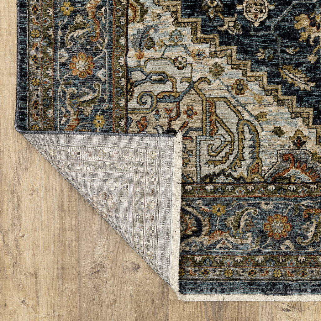 8' X 11' Blue Taupe Grey Green Rust Tan Beige And Gold Oriental Power Loom Stain Resistant Area Rug With Fringe