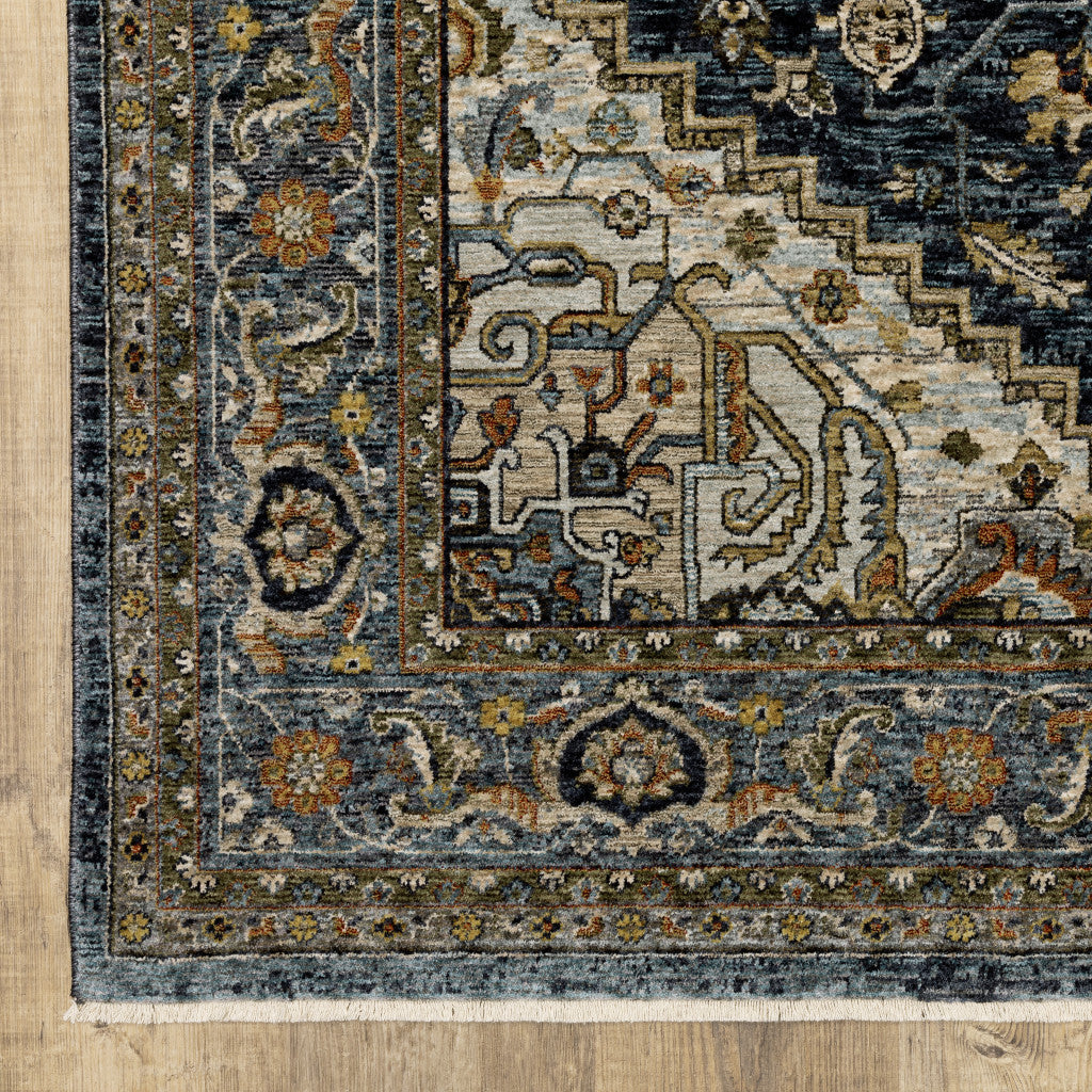 8' X 11' Blue Taupe Grey Green Rust Tan Beige And Gold Oriental Power Loom Stain Resistant Area Rug With Fringe
