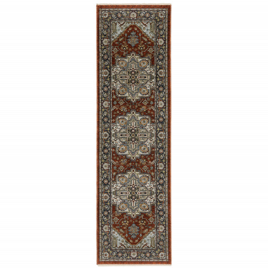 2' X 8' Blue Beige Grey Gold Green And Rust Red Oriental Power Loom Stain Resistant Runner Rug With Fringe