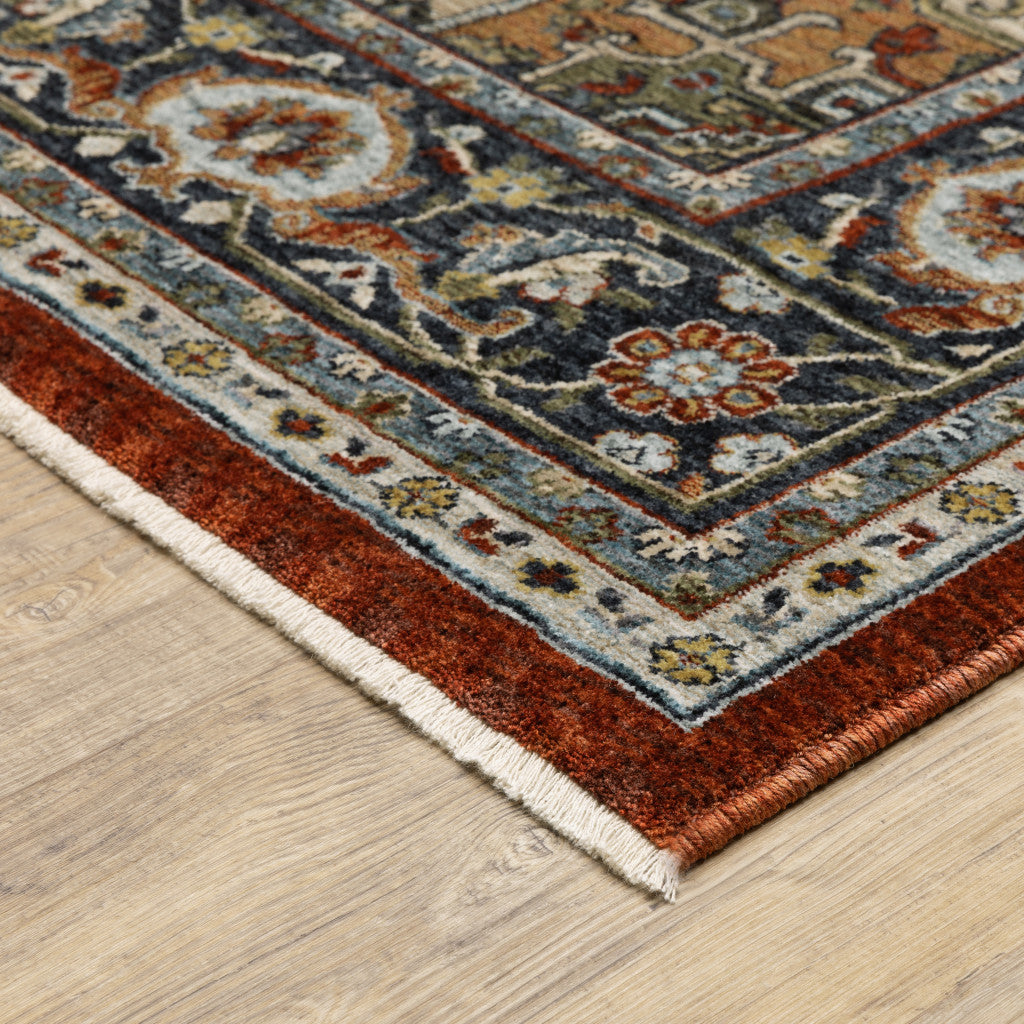 2' X 8' Blue Beige Grey Gold Green And Rust Red Oriental Power Loom Stain Resistant Runner Rug With Fringe