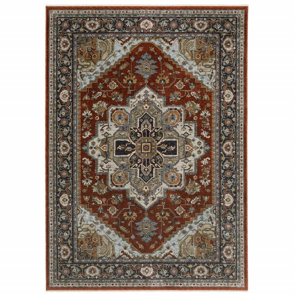 2' X 3' Blue Beige Grey Gold Green And Rust Red Oriental Power Loom Stain Resistant Area Rug With Fringe