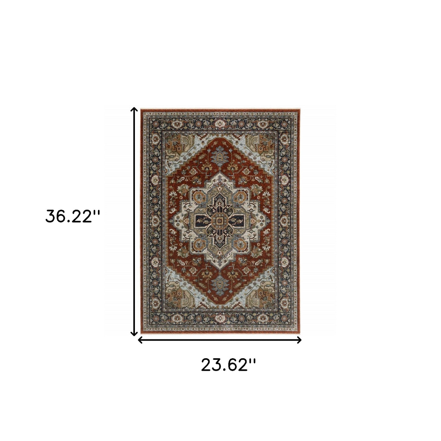 2' X 3' Blue Beige Grey Gold Green And Rust Red Oriental Power Loom Stain Resistant Area Rug With Fringe