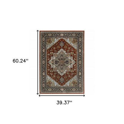 3' X 5' Blue Beige Grey Gold Green And Rust Red Oriental Power Loom Stain Resistant Area Rug With Fringe