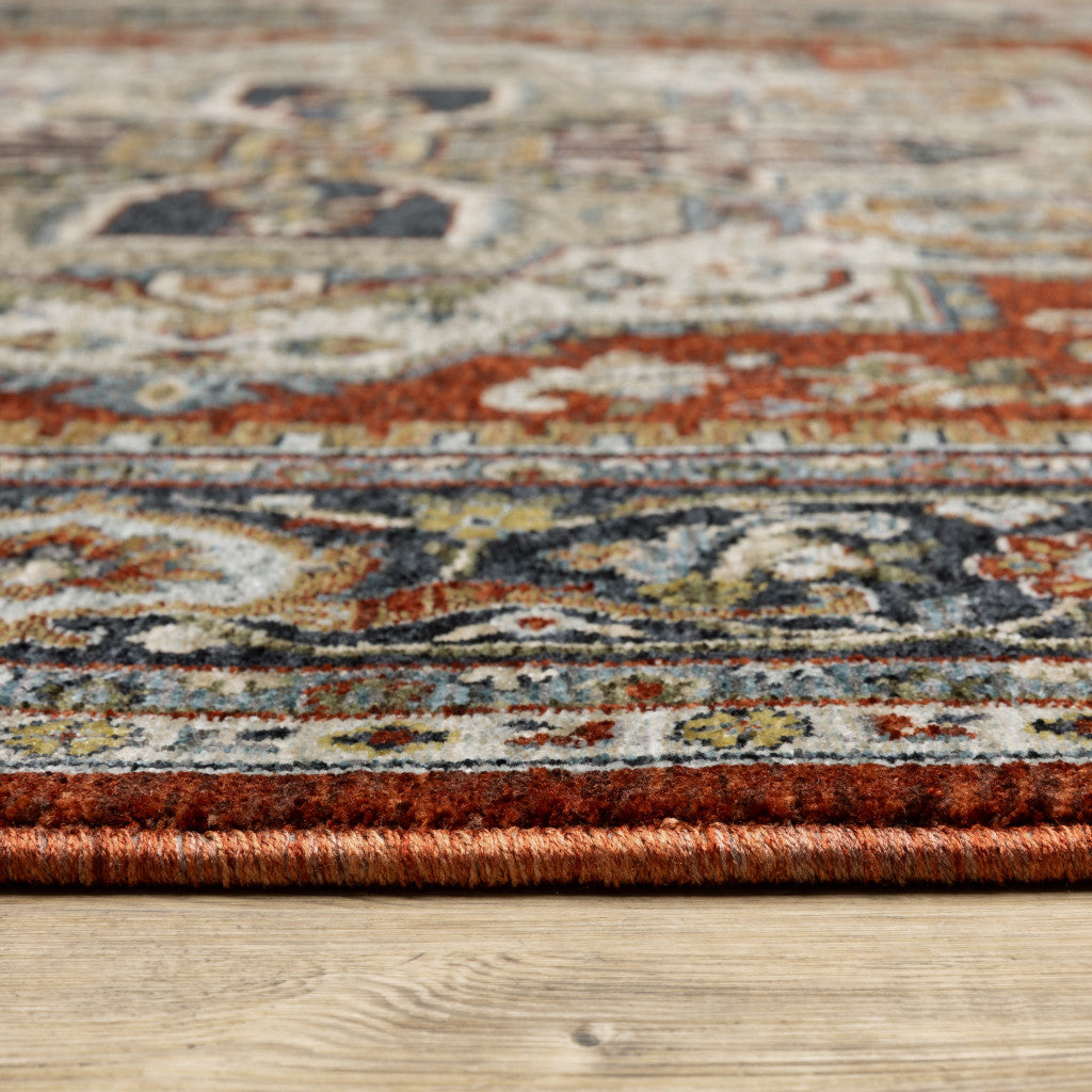 3' X 5' Blue Beige Grey Gold Green And Rust Red Oriental Power Loom Stain Resistant Area Rug With Fringe