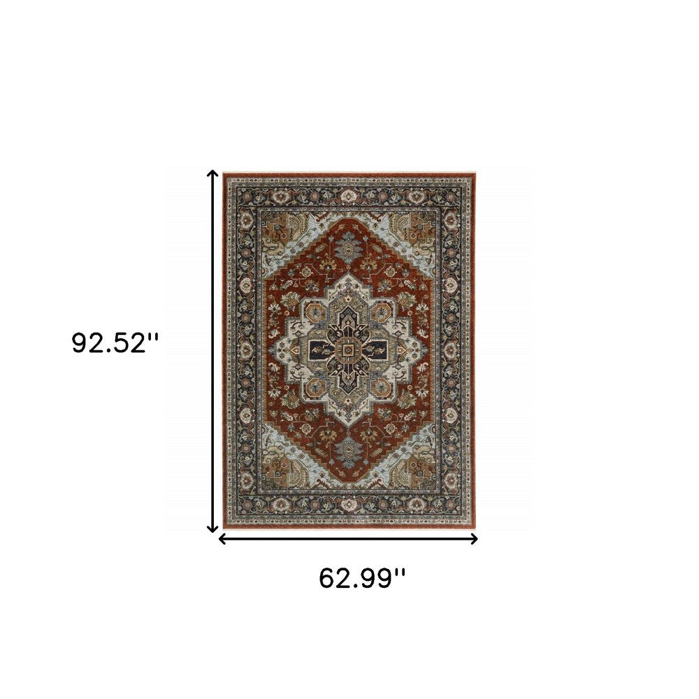 5' X 8' Blue Beige Grey Gold Green And Rust Red Oriental Power Loom Stain Resistant Area Rug With Fringe