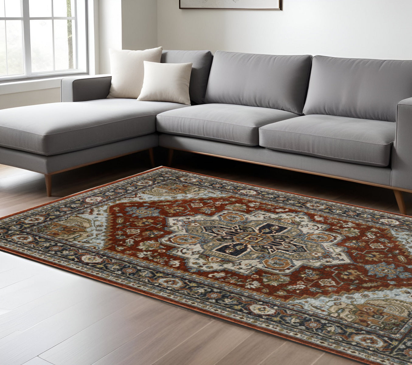 7' X 10' Blue and Beige Oriental Power Loom Area Rug With Fringe