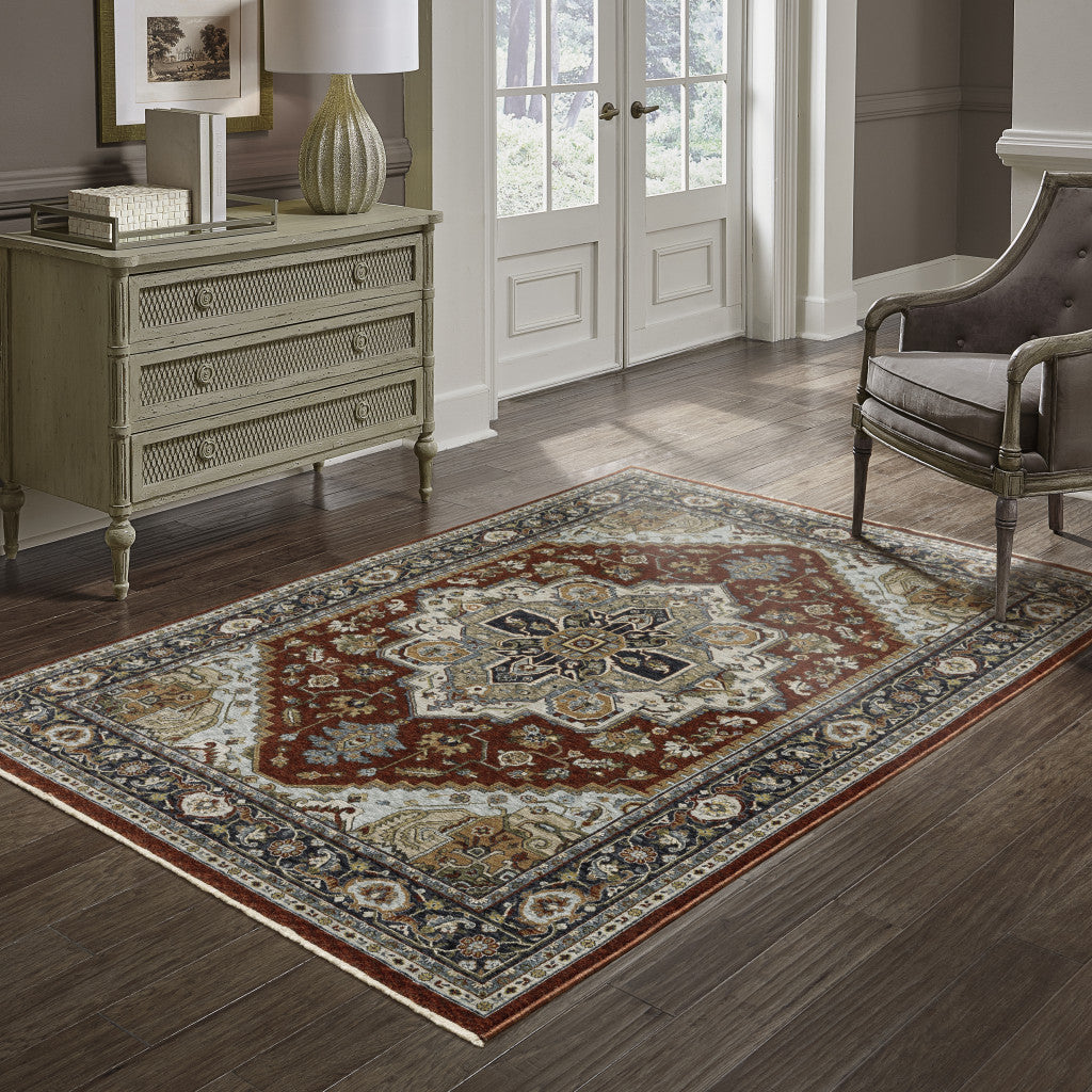 6' X 9' Blue Beige Grey Gold Green And Rust Red Oriental Power Loom Stain Resistant Area Rug With Fringe